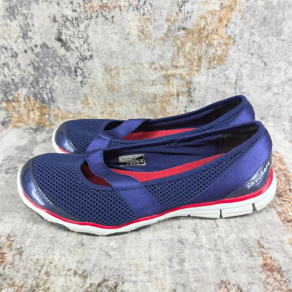 Skecher Mesh Mary Jane Slip On Walking Shoes Womens 7.5 Navy Blue 22108 Comfort